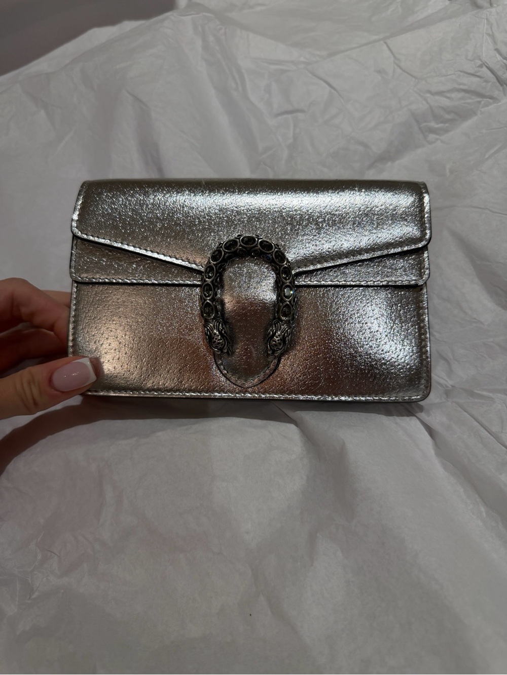 Gucci Metallic Silver Envelope Clutch with Horsebit Detail